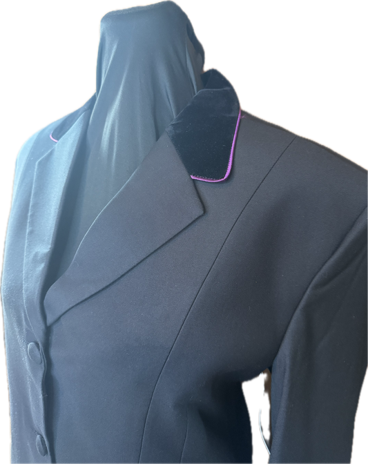 *38 Bust* Black with Black Velvet Collar and Purple Piping