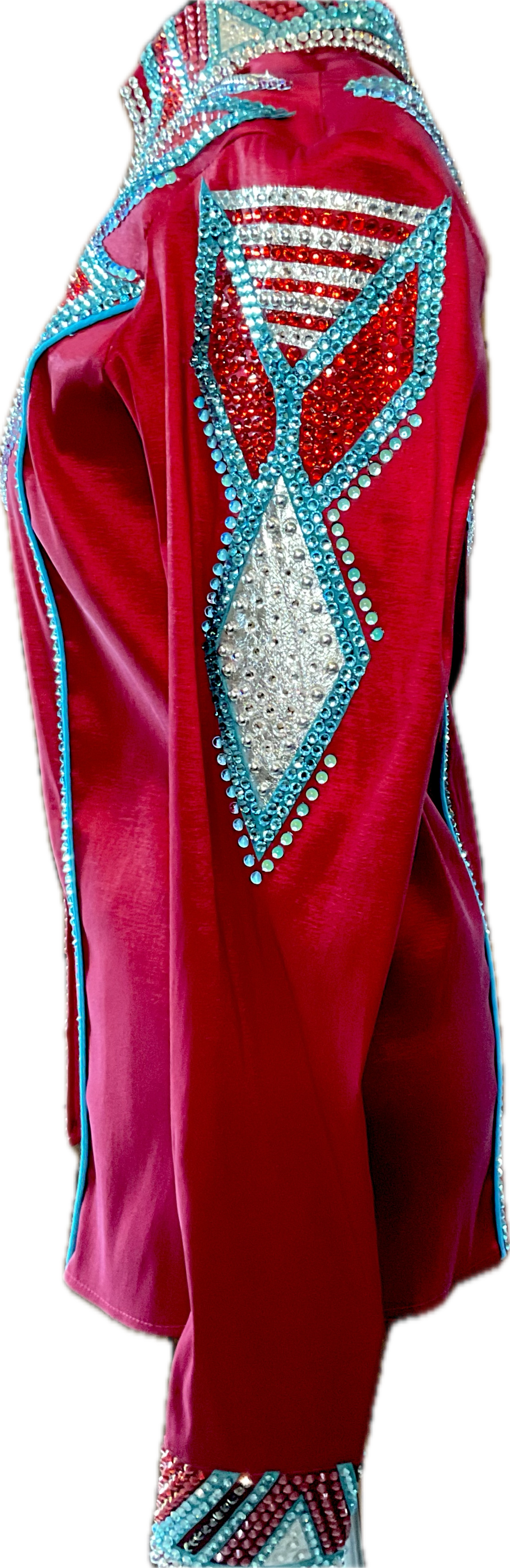 Large Red Stretch Taffeta Day Shirt with Aqua and Silver