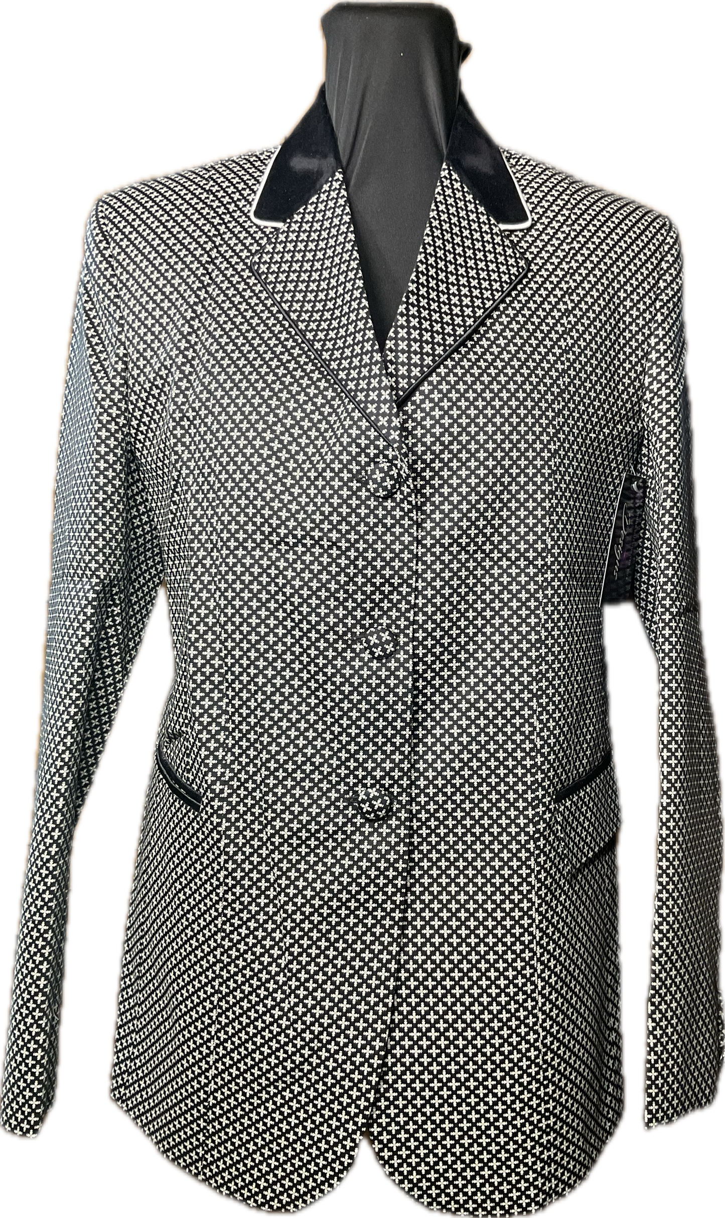 *38 Bust* Black and white print coat with hidden zipper. Matching pants may be ordered.