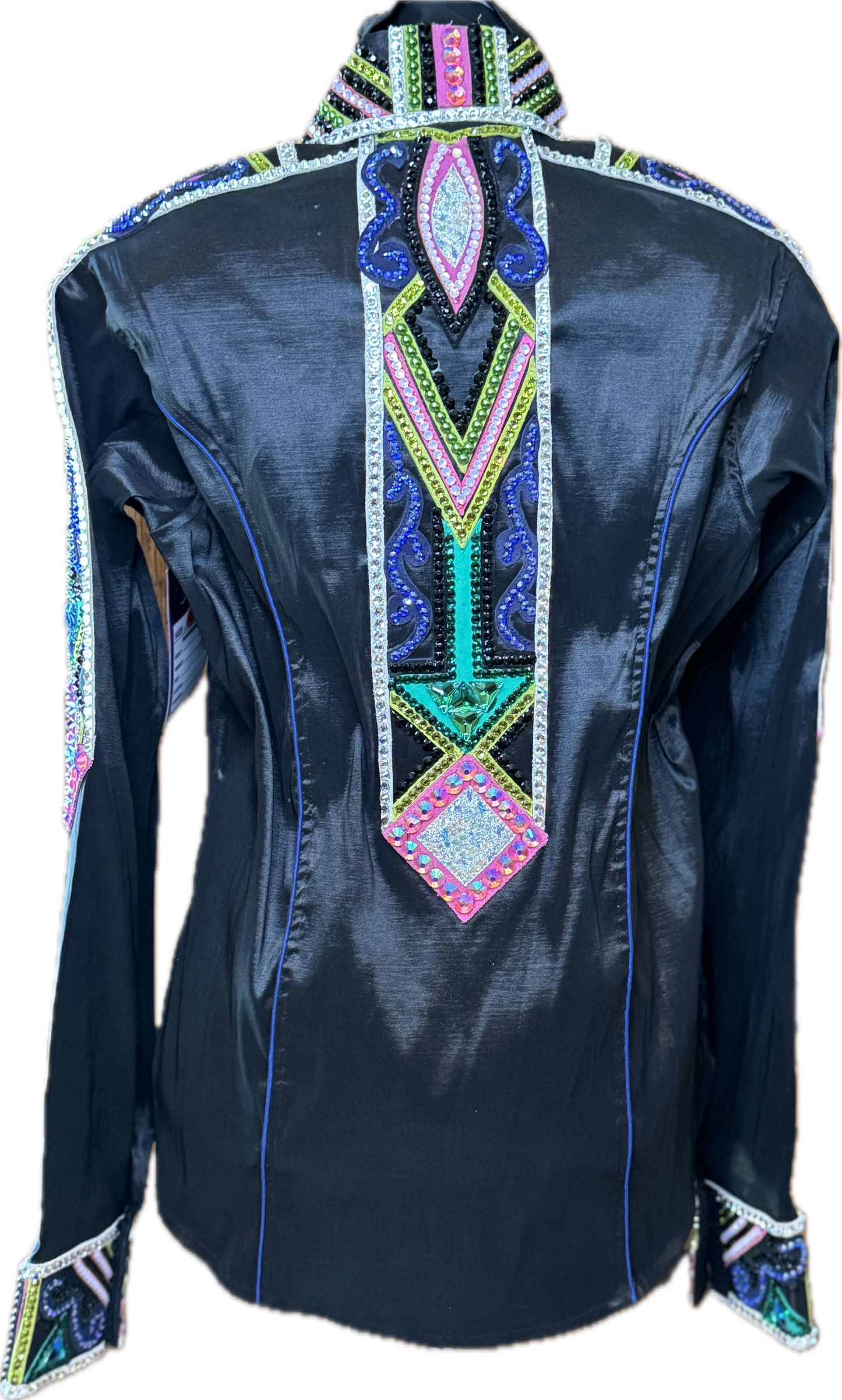 Large Black Stretch Taffeta with Purple, Green, Pink and Silver Accents