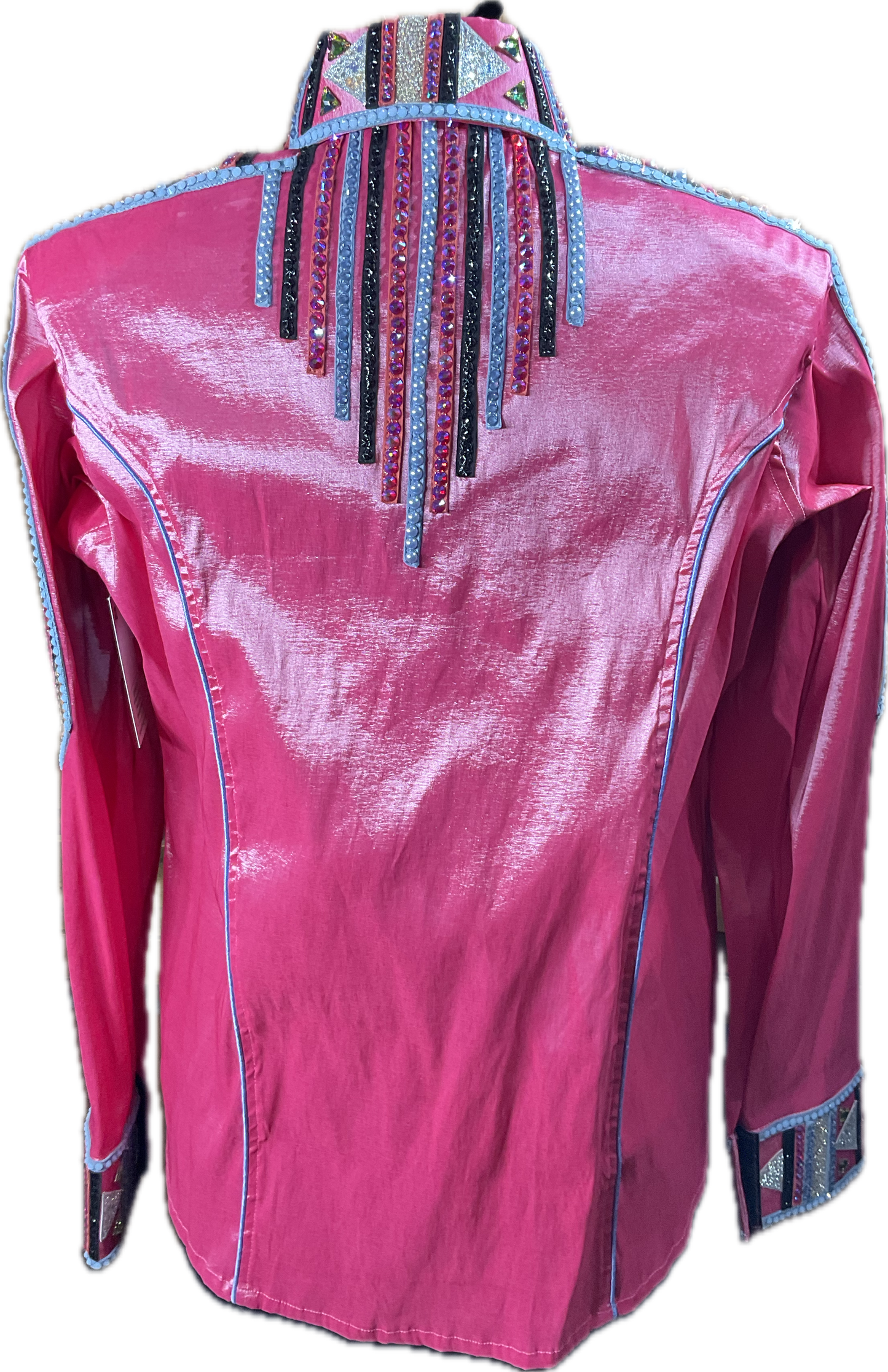 XXL bright coral/pink stretch taffeta day shirt with blue, pink, black and silver accents