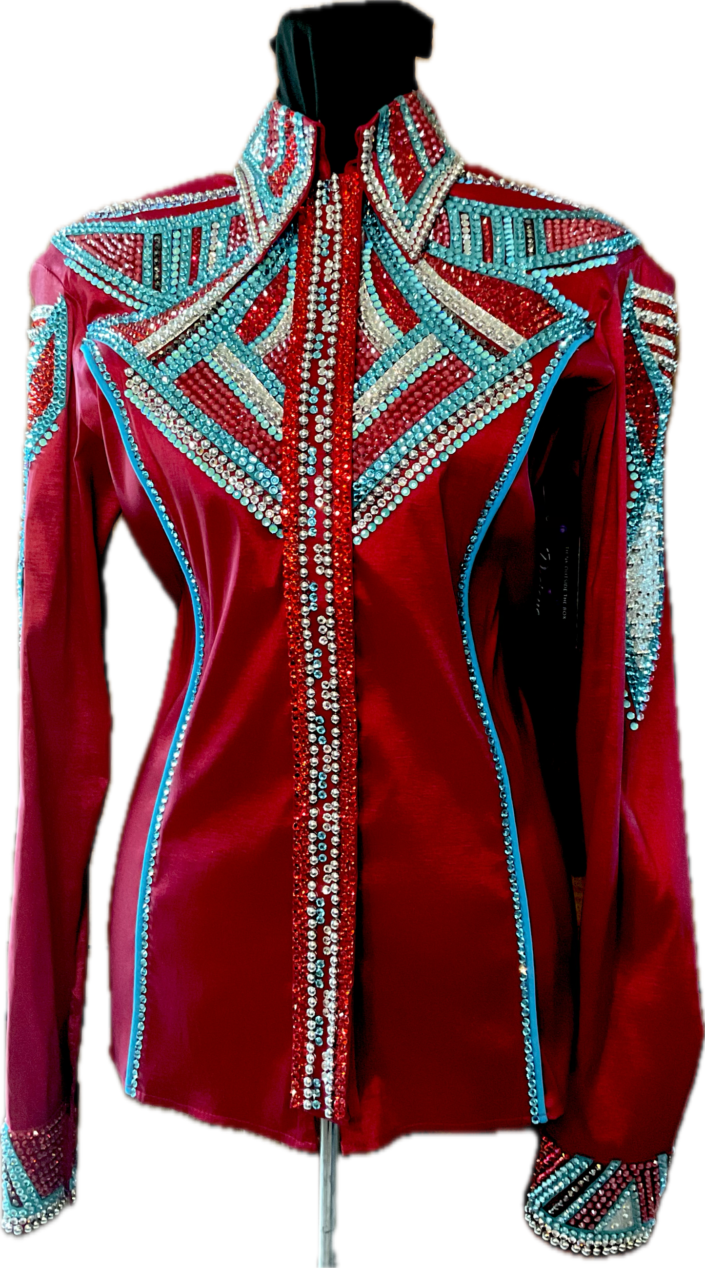 Large Red Stretch Taffeta Day Shirt with Aqua and Silver