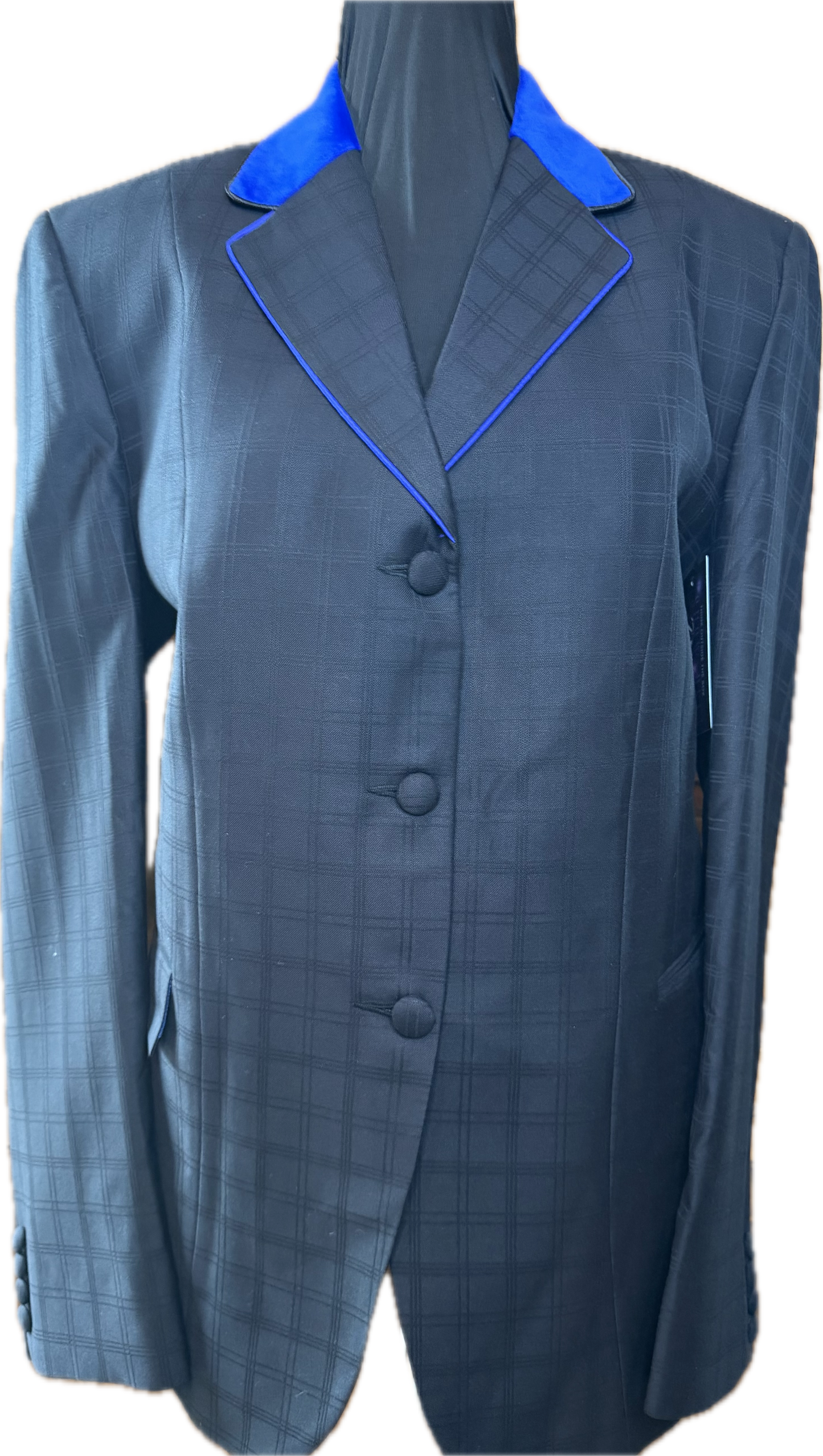 *40 Bust* Black Plaid with Royal Blue Velvet Collar and Matching Trims