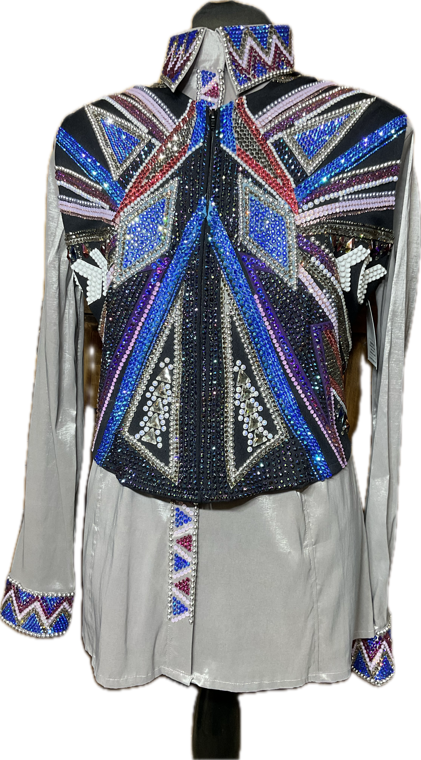 Size XXL black vest set with purples and blues. Detachable shoulder fringe and matching silver stretch taffeta day shirt