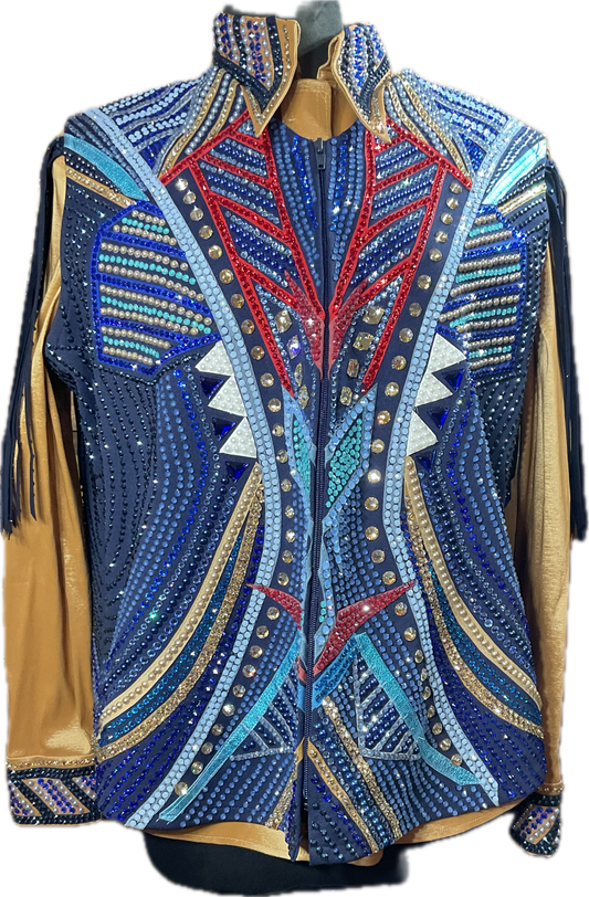 Size XXL navy vest with dark gold matching shirt and detachable fringe. Shades of blue, red, white, turquoise and gold accents