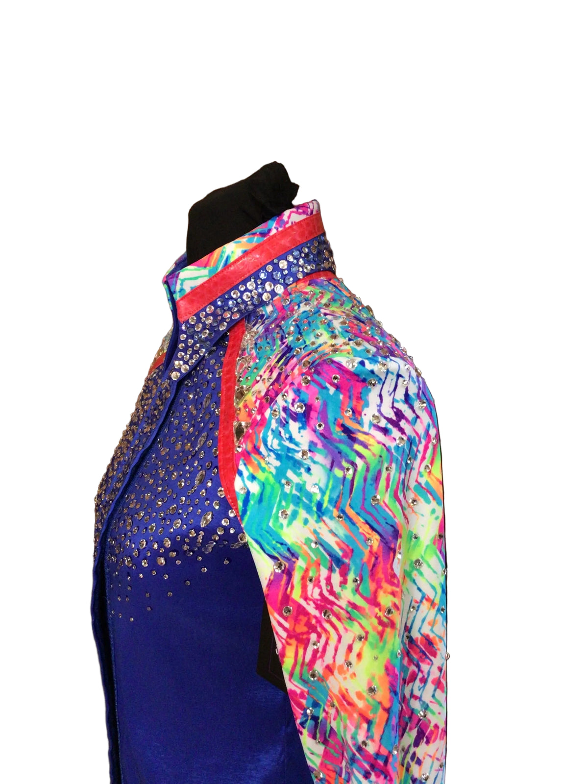 XS Royal Blue Stretch Taffeta Day Shirt with Colorful Print Details