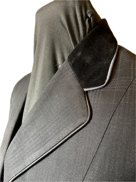 *36 Bust* Black Plaid with Black Velvet Collar. Charcoal and Black Piping