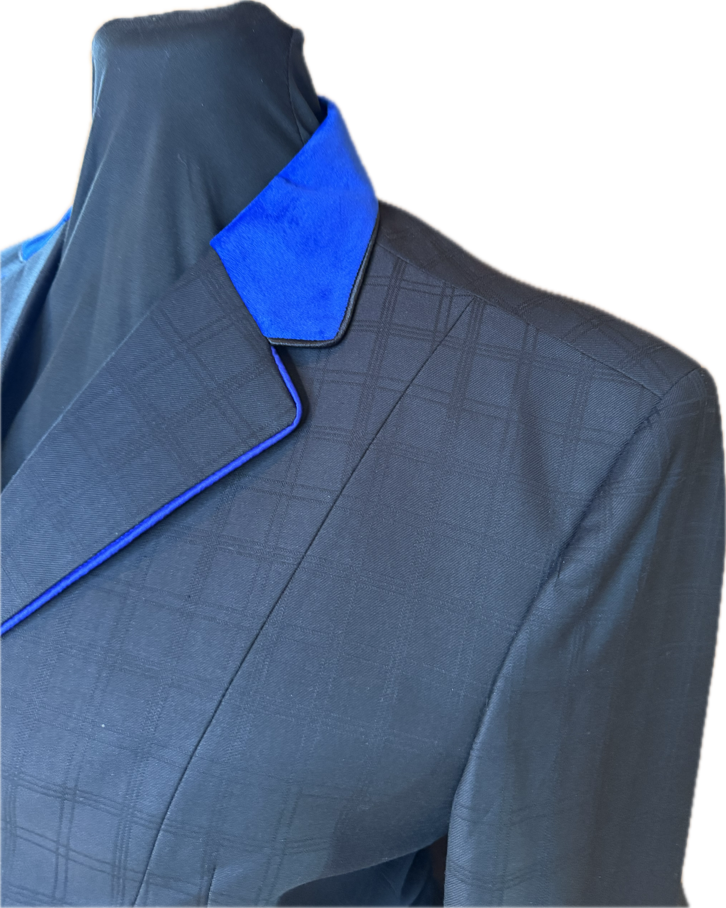 *36 Bust* Black Plaid with Royal Blue Velvet collar and Matching Piping