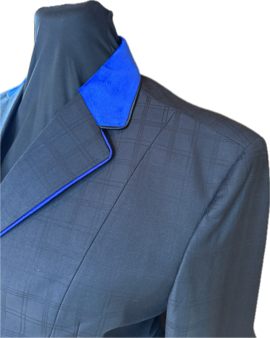 *36 Bust* Black Plaid with Royal Blue Velvet collar and Matching Piping