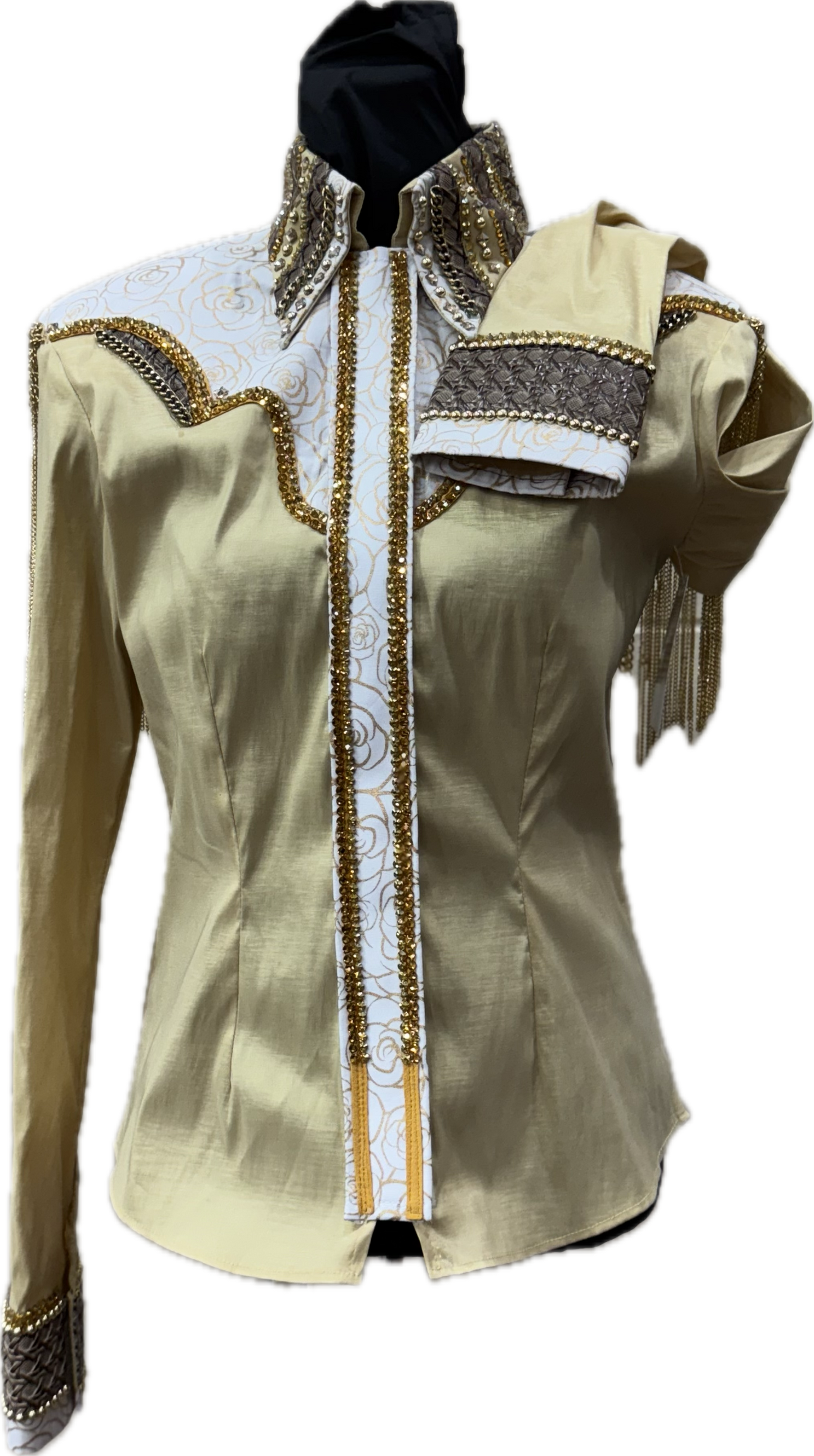 Size Medium Gold Stretch Taffeta. Retro Floral Design with Gold Chain Fringe and Leather Accents