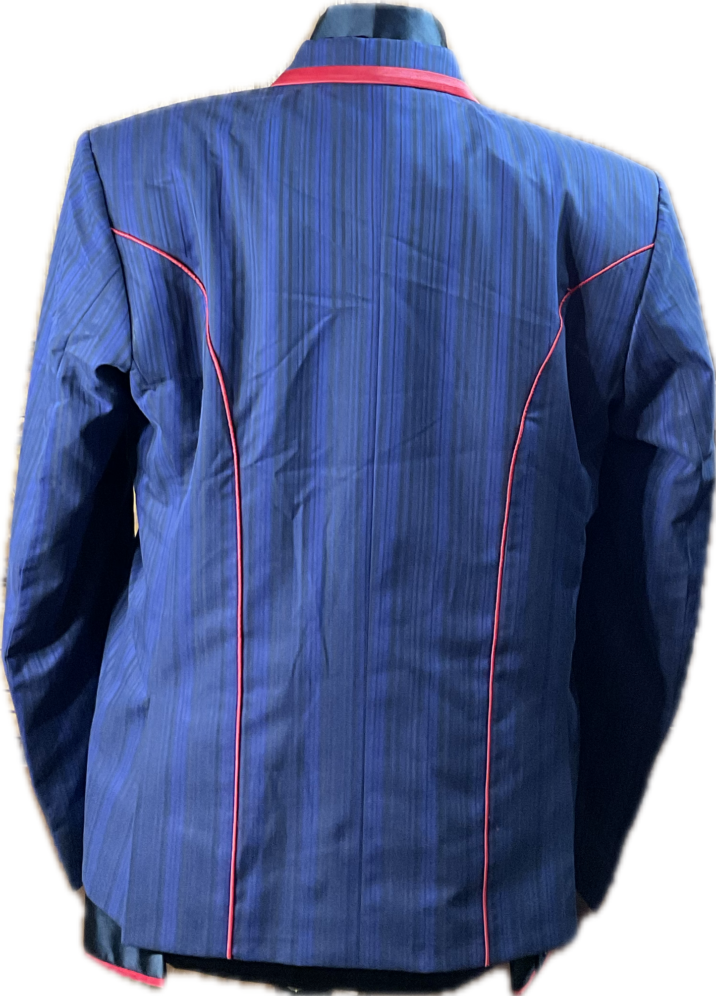 *44 Bust* Blue and black pinstripe with matching red shirt with hidden zippers