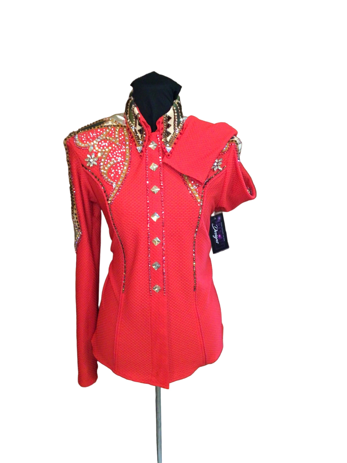 Medium Red Textured Stretch Lycra with Green and Silver Shoulder and Sleeve Details