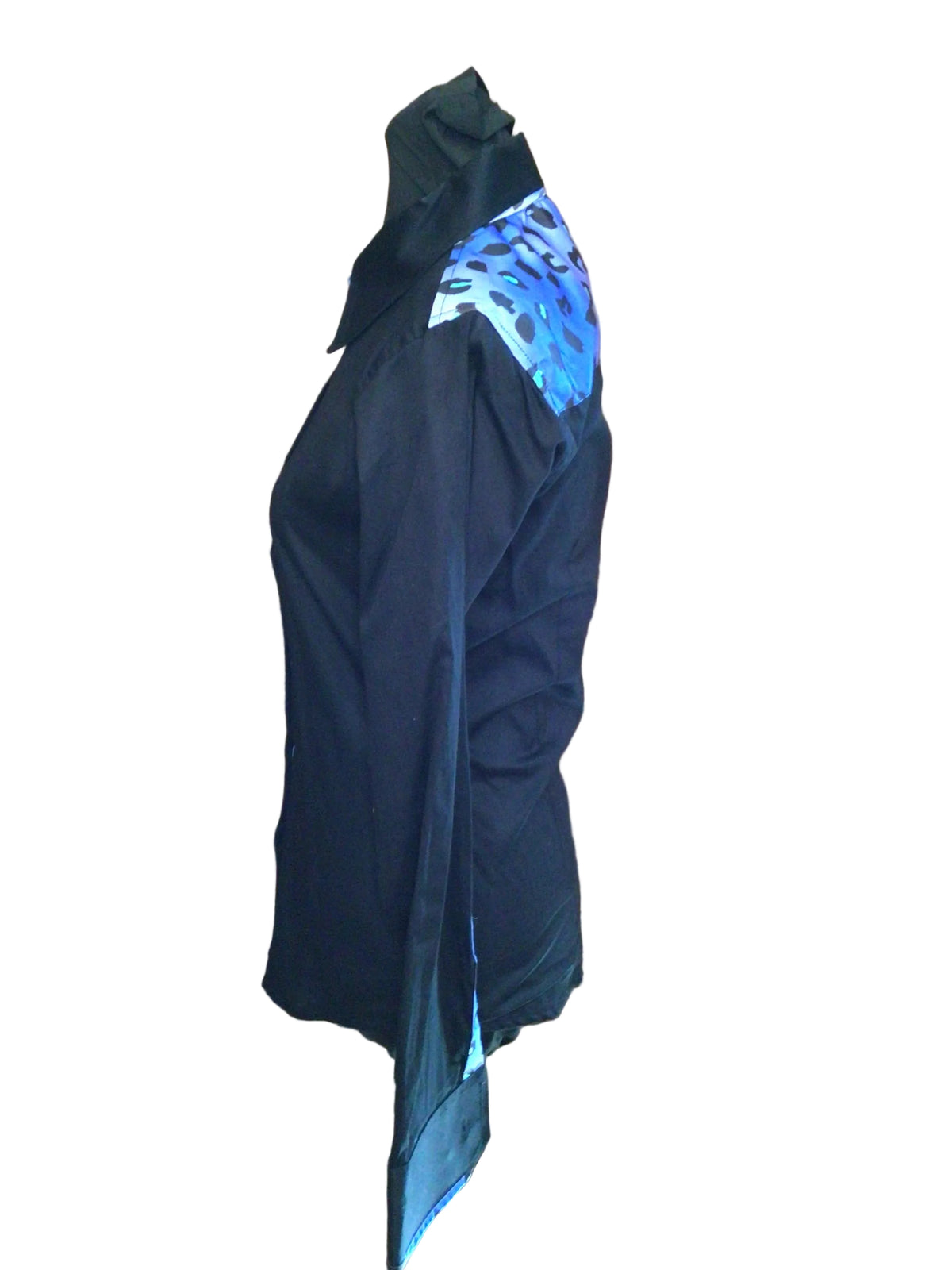 XS Black Cotton Day Shirt with Black and Blue Leopard Print Details