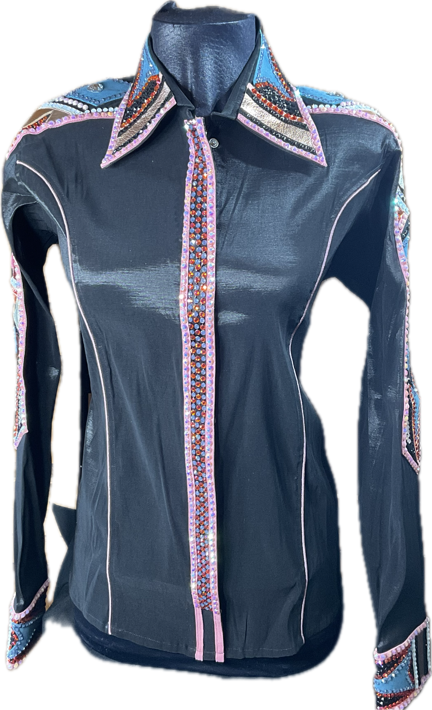 XL black stretch taffeta day shirt with light gold, rose gold, pink and blue accents