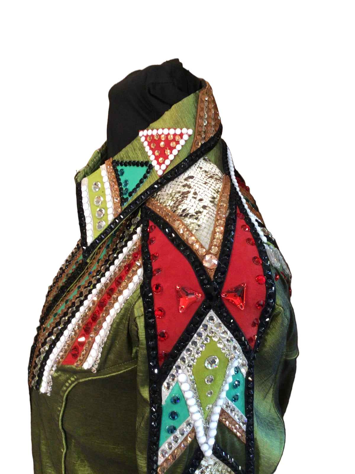 XL Green Stretch Taffeta Day Shirt with Multicolored Shoulder and Arm Detail