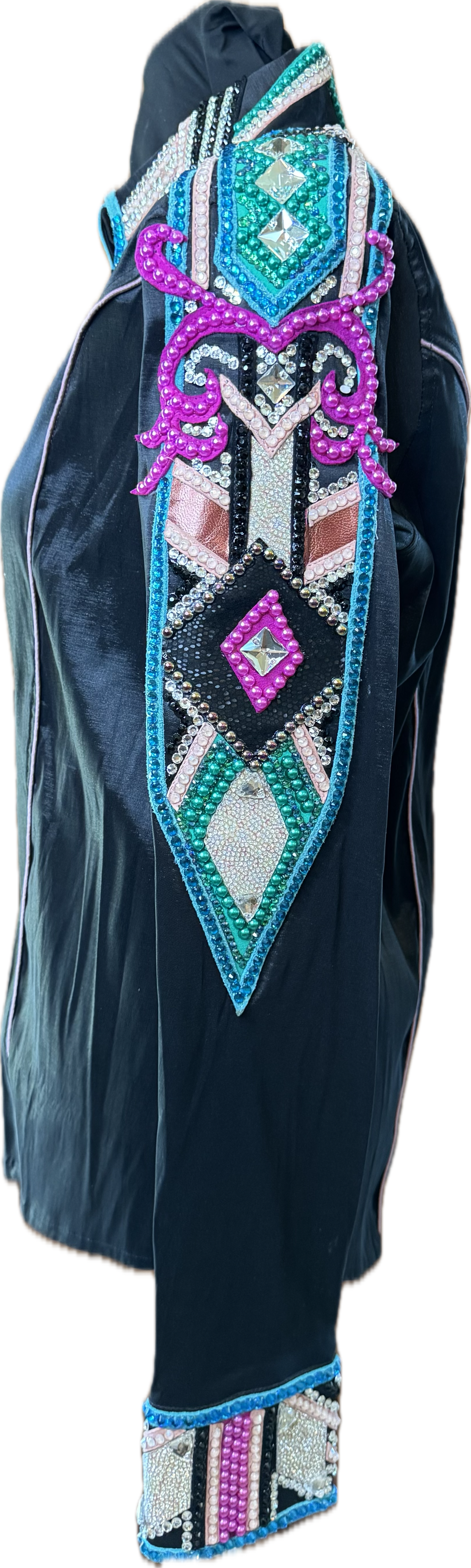 XL Black Stretch Taffeta with Turquoise, Teal, Pink and Mauve Accents