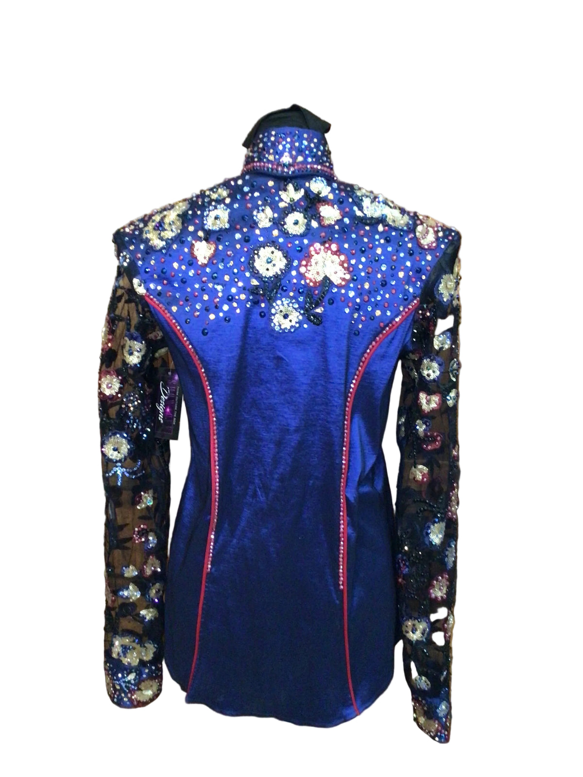 Small Navy Blue Stretch Taffeta Day Shirt with Sheer Sleeve Floral Design