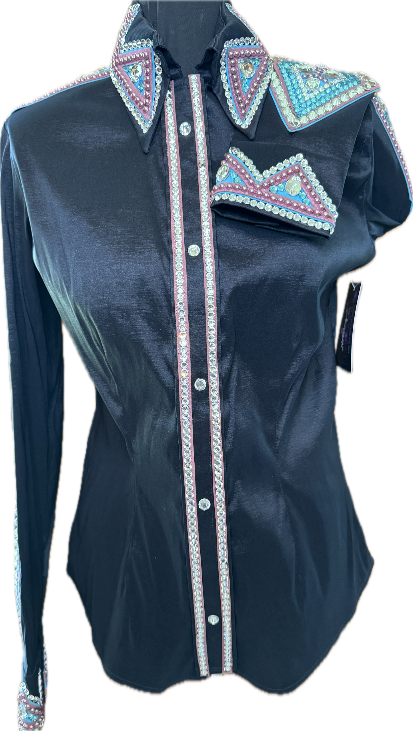 Size Medium Black Stretch Taffeta with Mauve and Aqua Accents