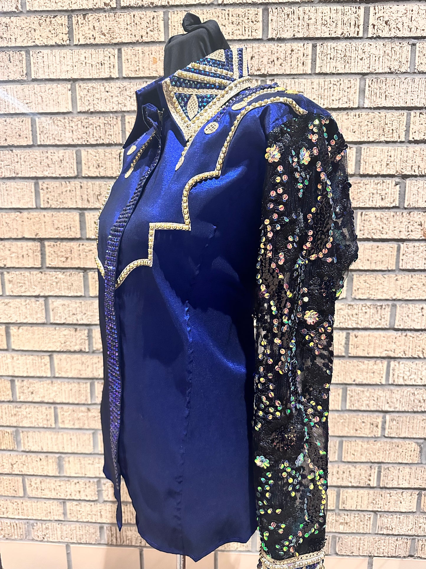 Size Large cobalt day shirt stretch taffeta with sequin, with gold and cobalt design