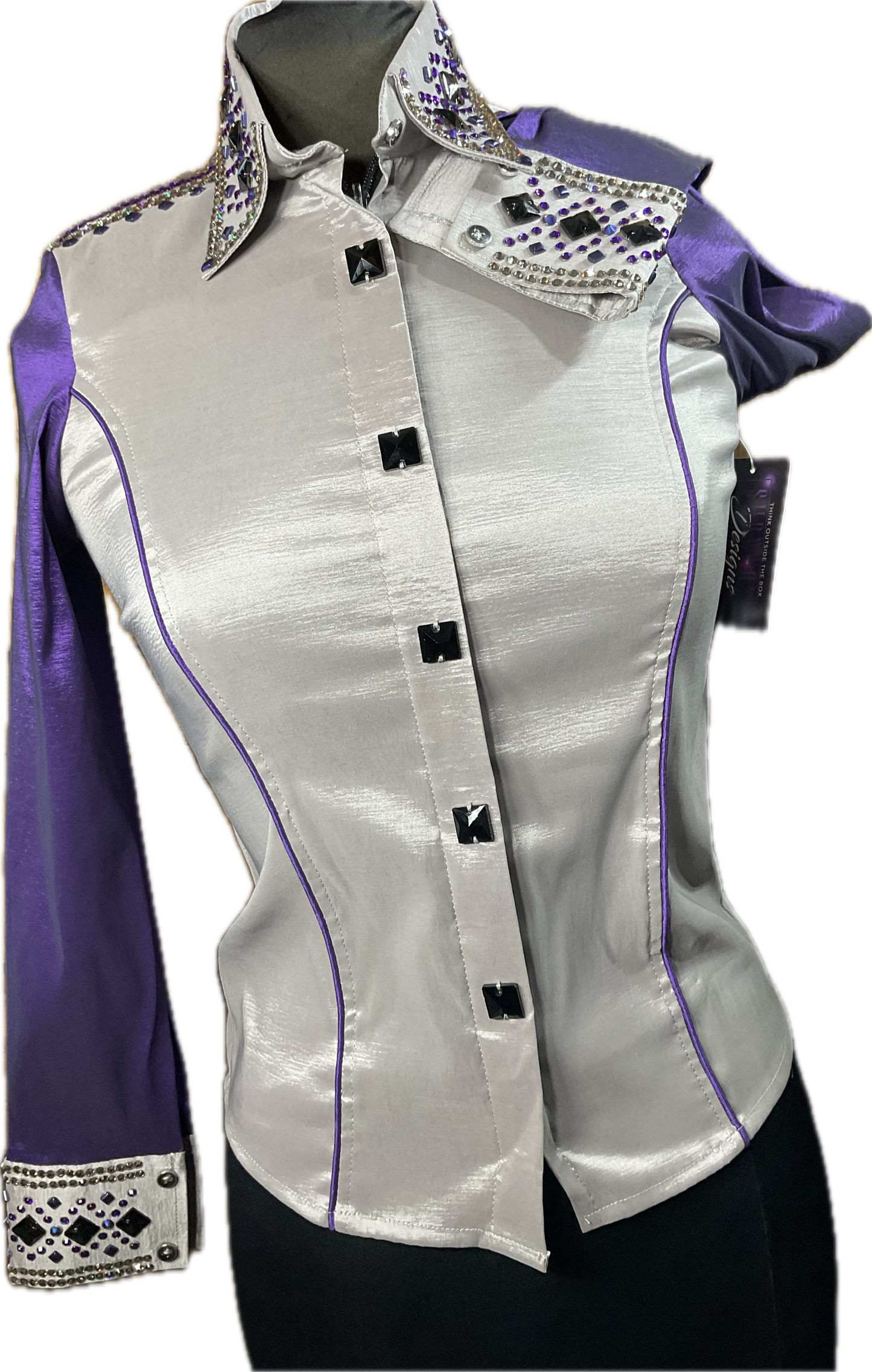 Size small grey stretch taffeta with purple sleeves and accents