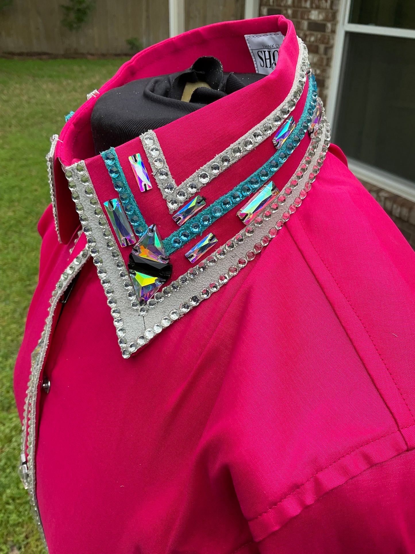 Size medium Pink stretch taffeta with silver and turquoise