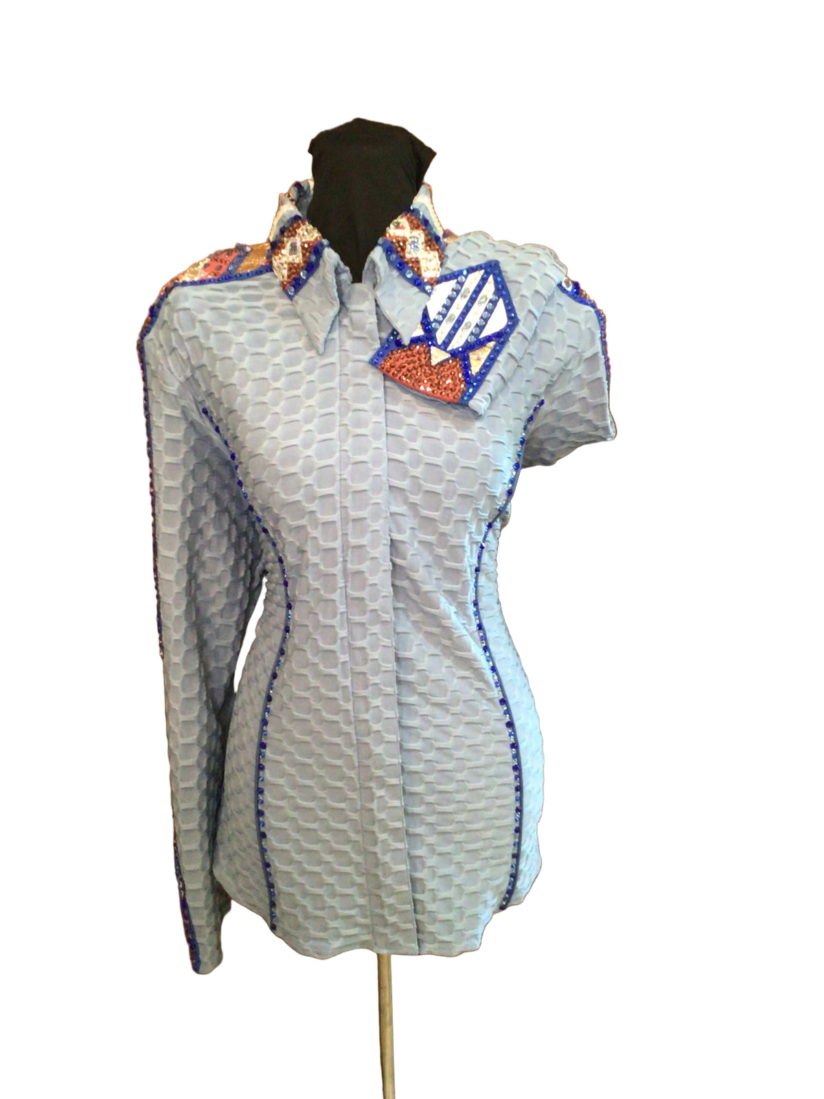 Large Light Blue Textured Stretch Lycra with Rust Colored Shoulder Details