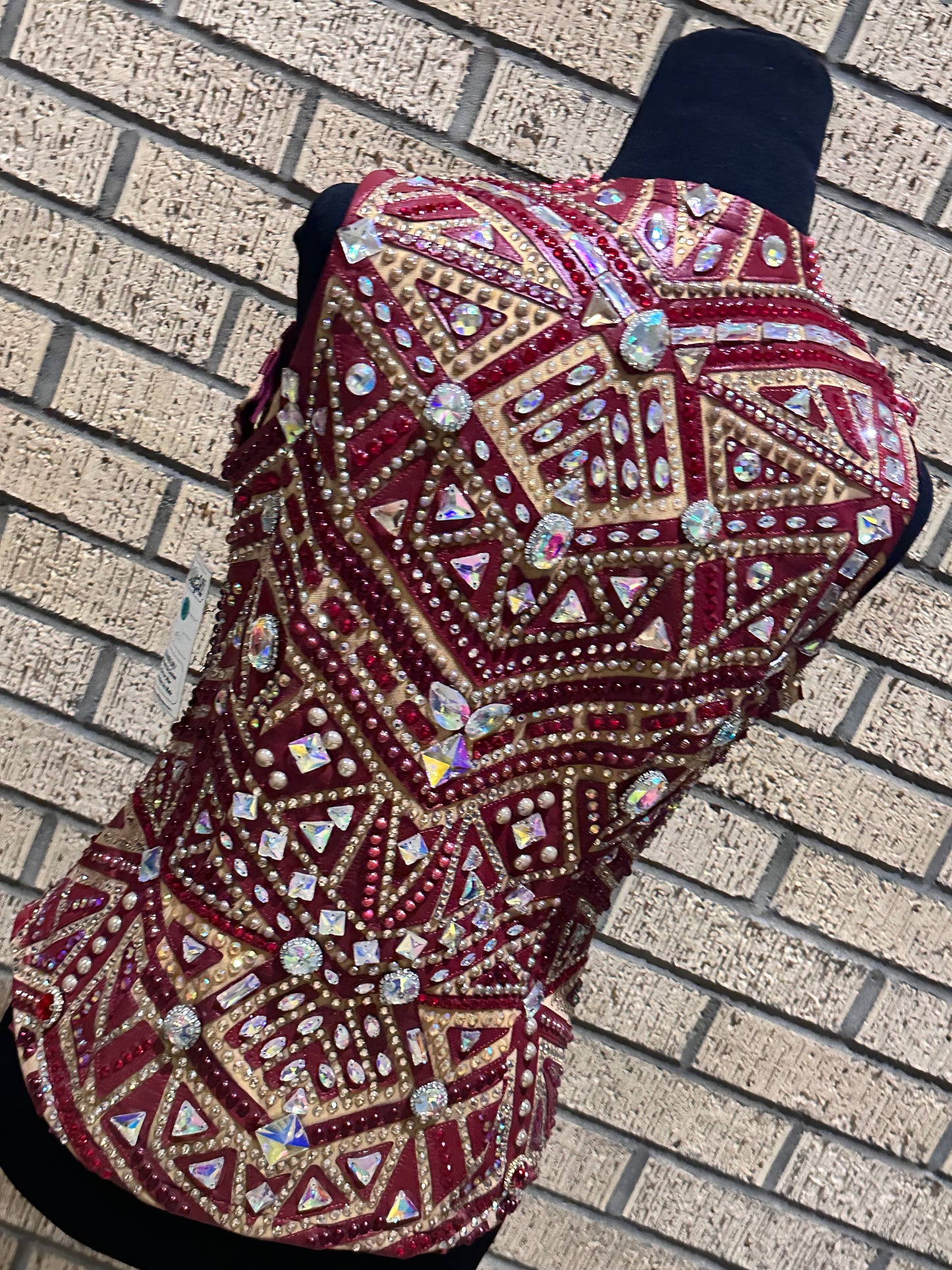 Size Small Vest Brick Red Leather Design and Gold AB crystals