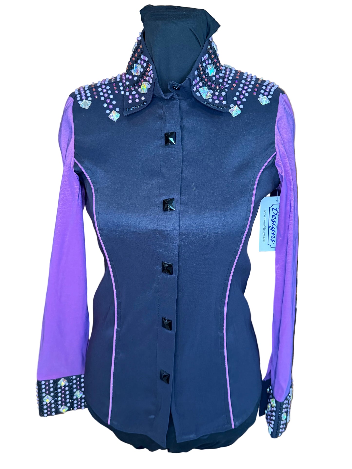 Small Stretch Taffeta Black Day Shirt with Purple Sleeves