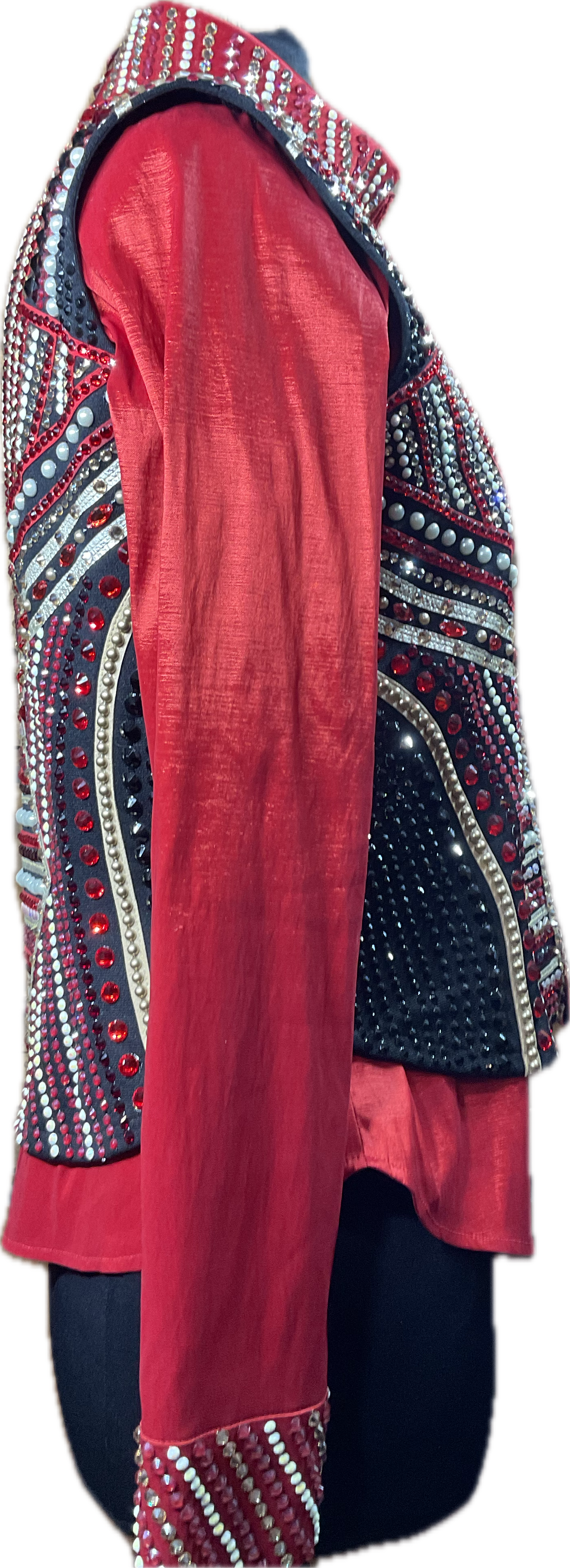 Size Large vest set. Red day shirt with black vest with red, gold and white accents. Detachable fringe. GORGEOUS!