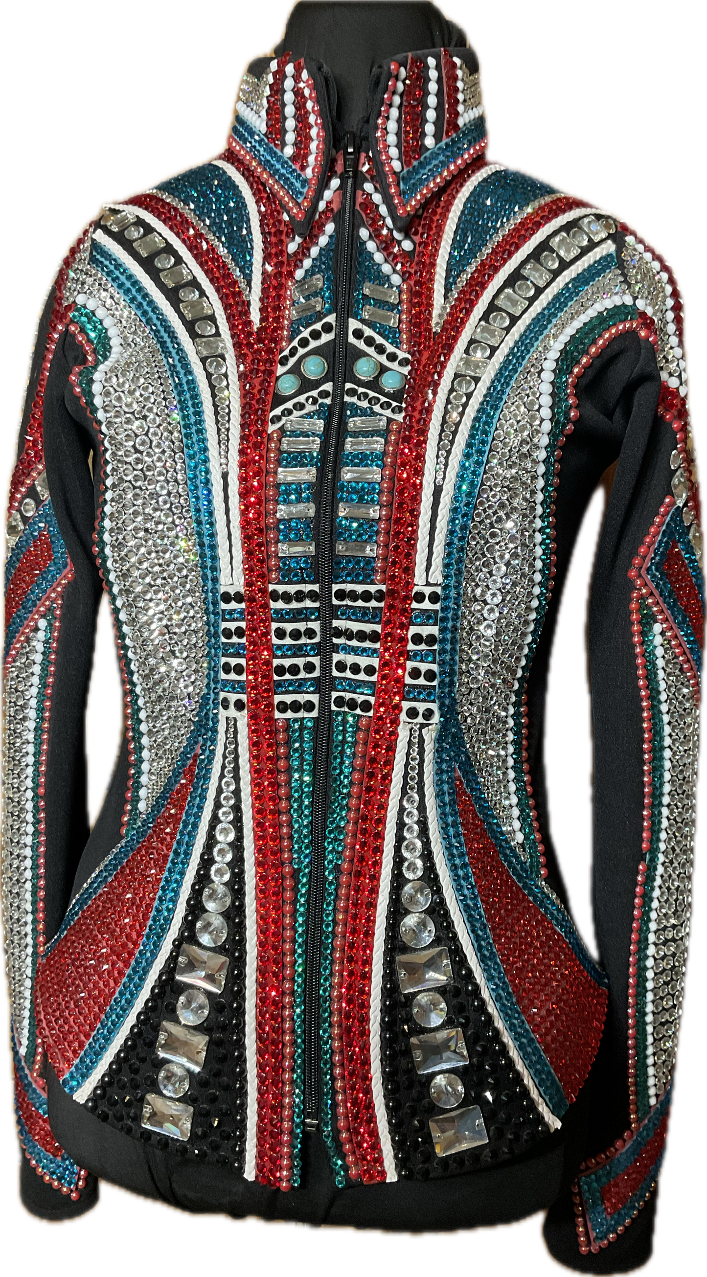 Extra Small Black Showmanship Jacket with Red and Turquoise Accents