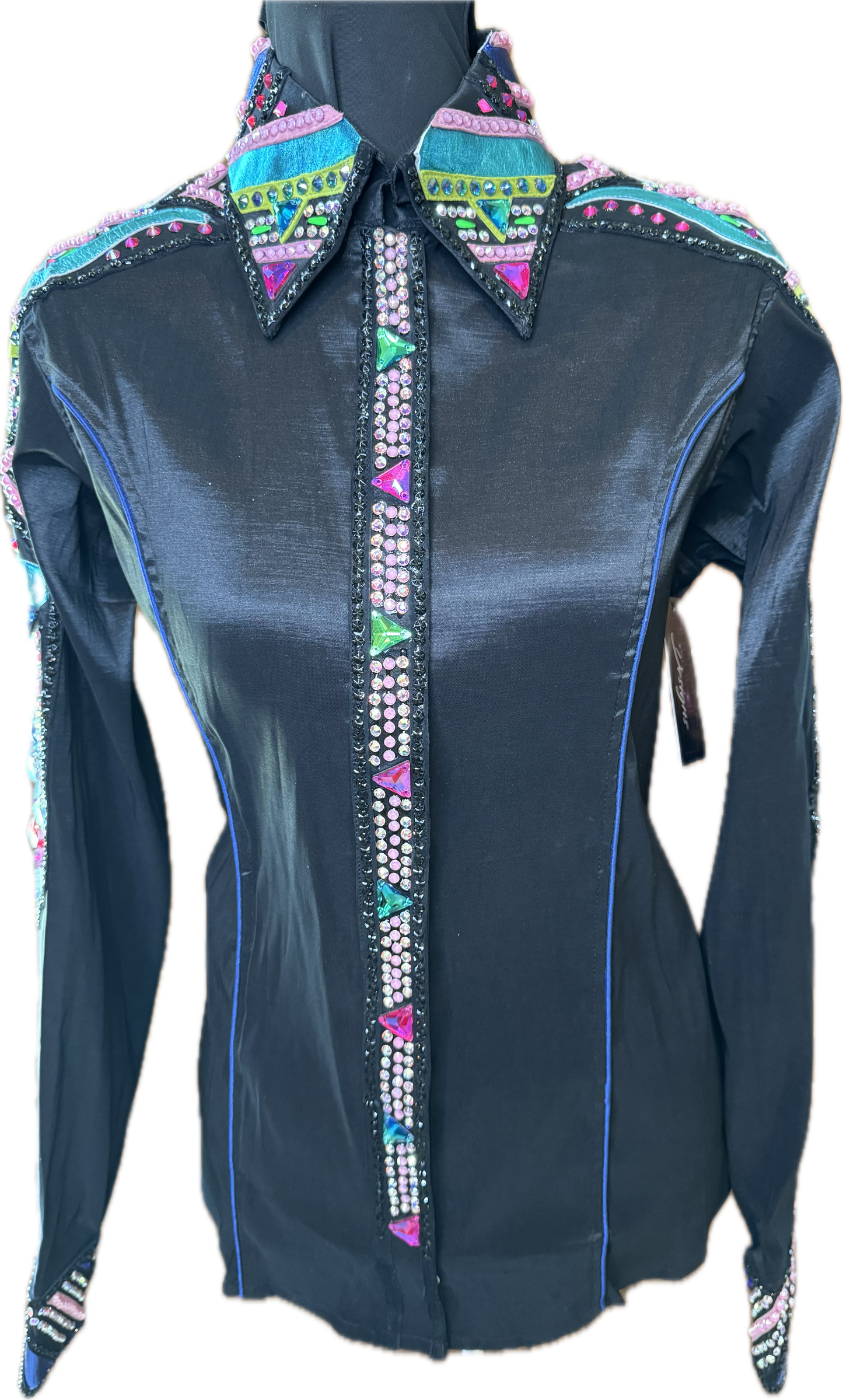 Large Black Stretch Taffeta with Turquoise, Pink, and Green Accents