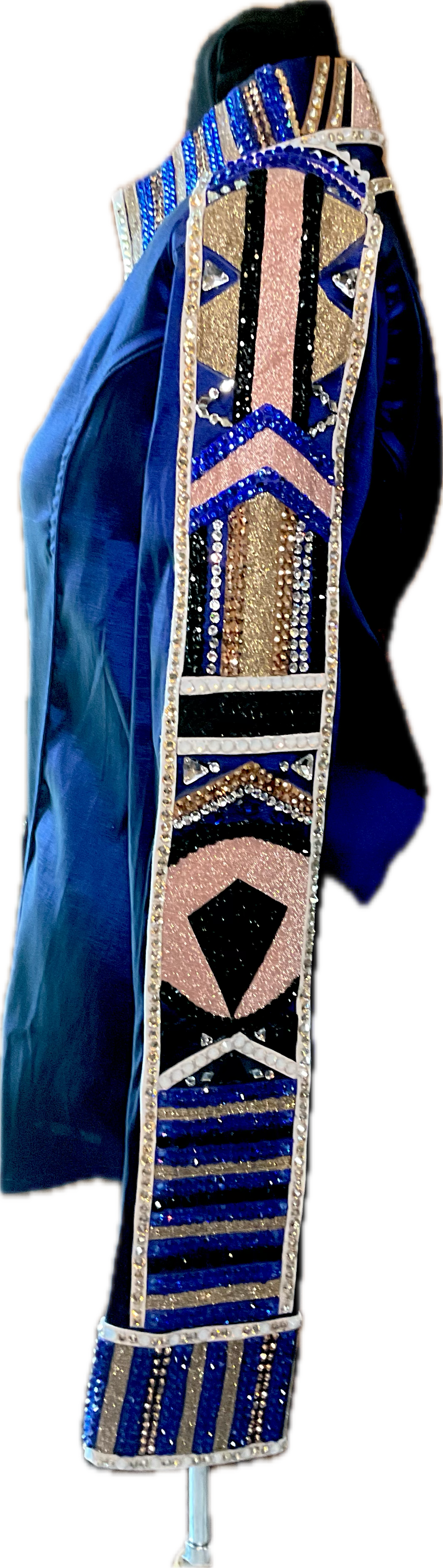 XL Day Shirt Royal Blue stretch taffeta with Gold, Rose Gold, and Black