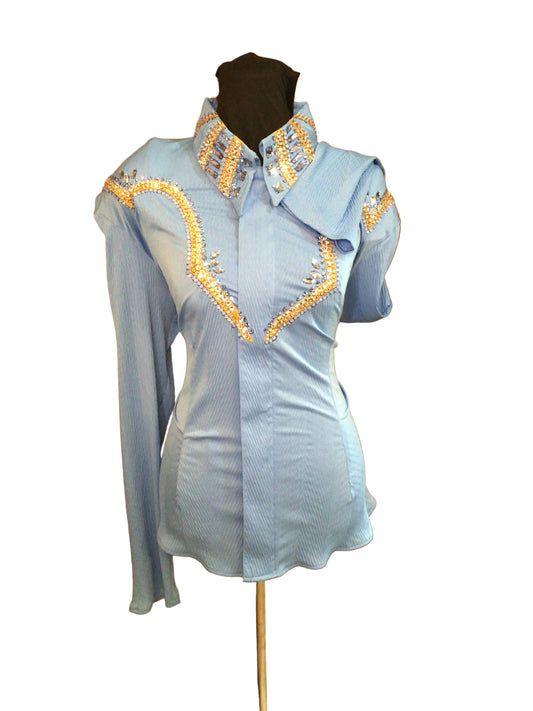 XL Light Blue Textured Stretch Lycra Day Shirt with Gold and Silver Details