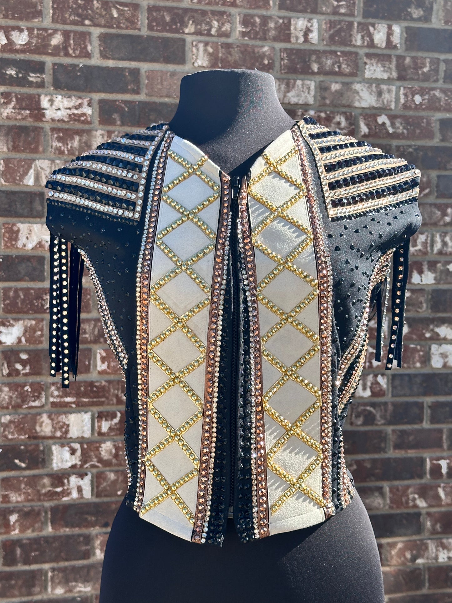 Size XXL vest with black and golds detachable shoulder fringe