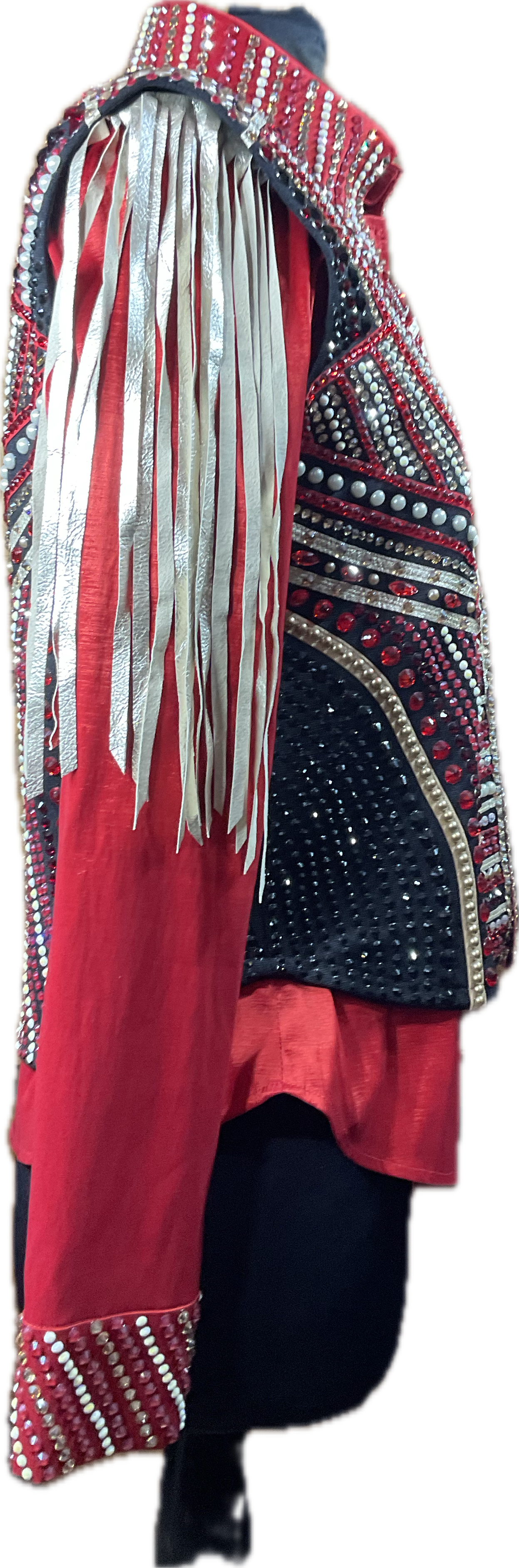 Size Large vest set. Red day shirt with black vest with red, gold and white accents. Detachable fringe. GORGEOUS!