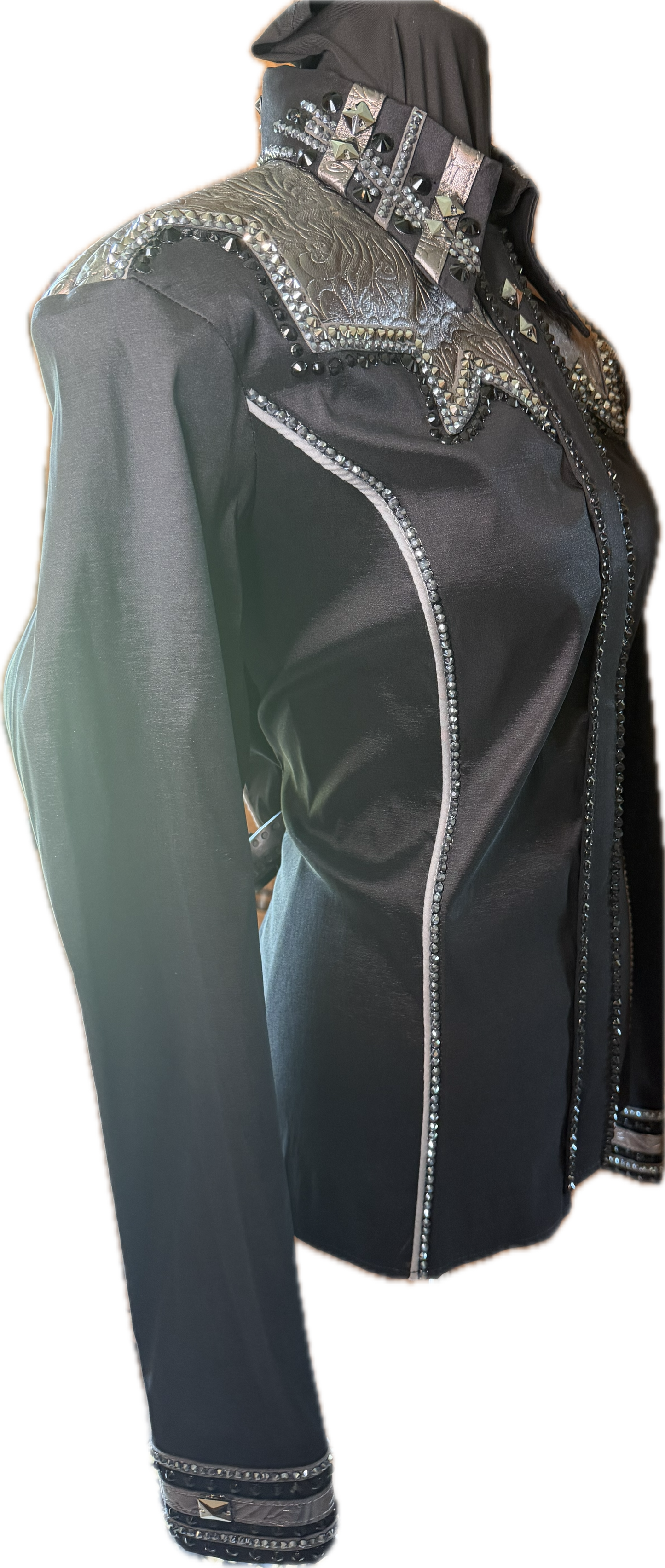 Large Stretch Taffeta Day Shirt Black with Soft Charcoal Tooled Leather Retro Design