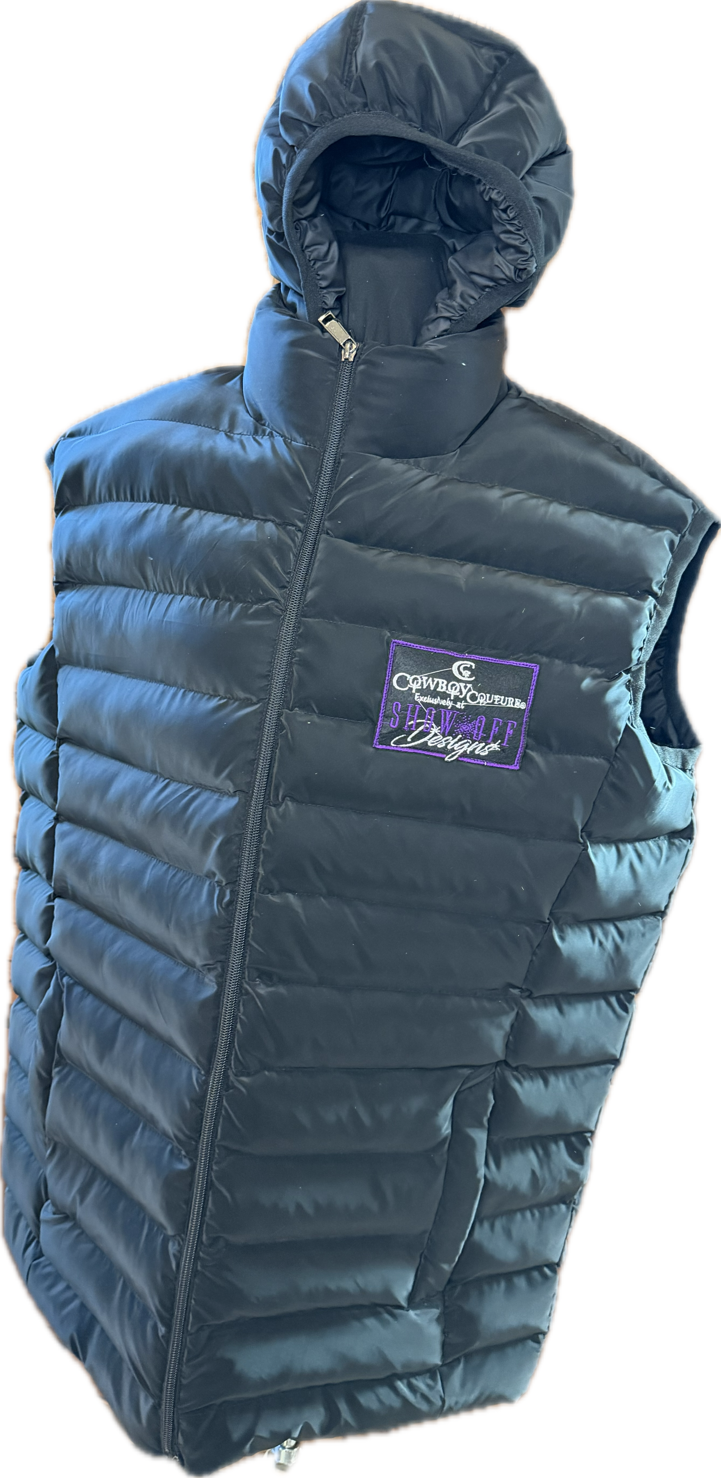 Men's Black Adidas Cowboy Couture Puff Embroidered Vest. Detachable Hood, zip up front.