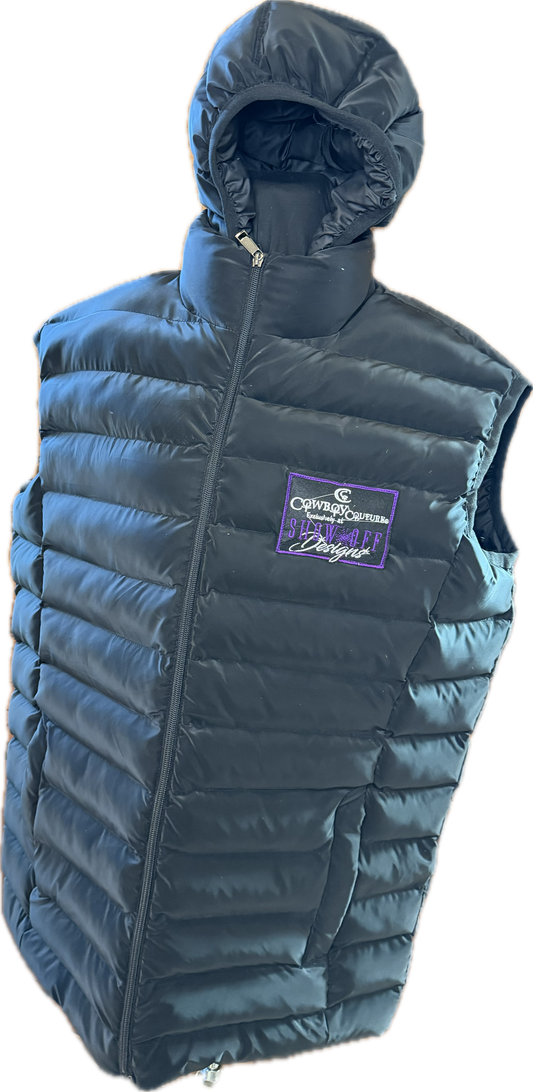Men's Black Adidas Cowboy Couture Puff Embroidered Vest. Detachable Hood, zip up front.