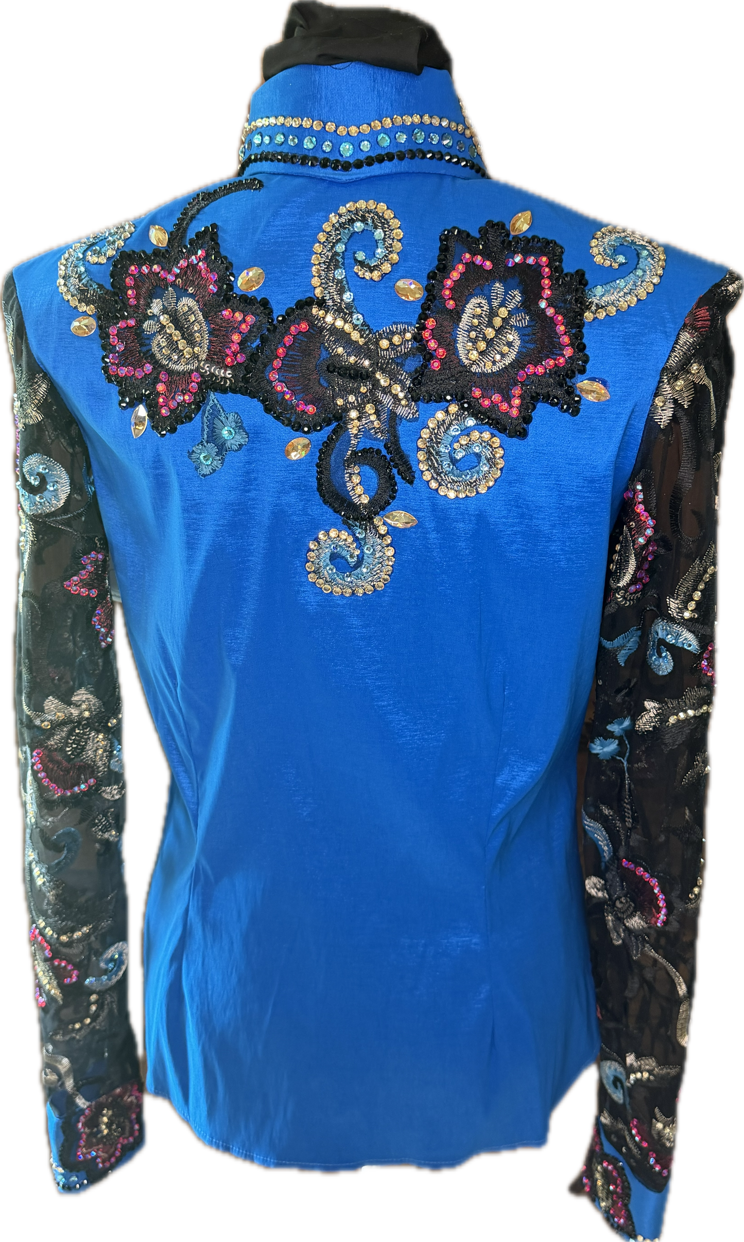 Medium Show Turquoise and Floral Stretch Taffeta Day Shirt with Sheer Sleeves