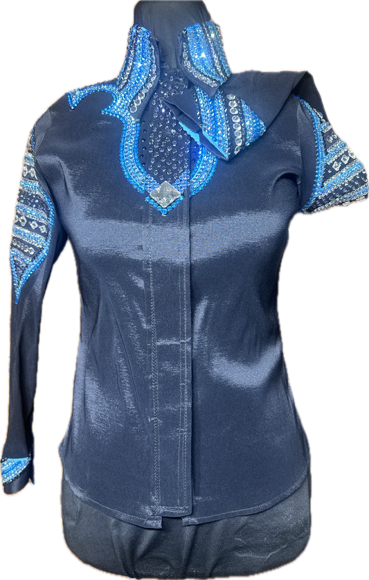 XS black stretch taffeta with teal, turquoise and clear retro design