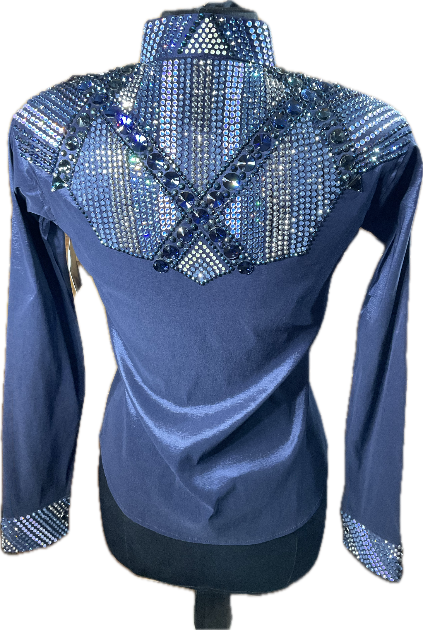 Small navy stretch taffeta day shirt with GORGEOUS crystal designs