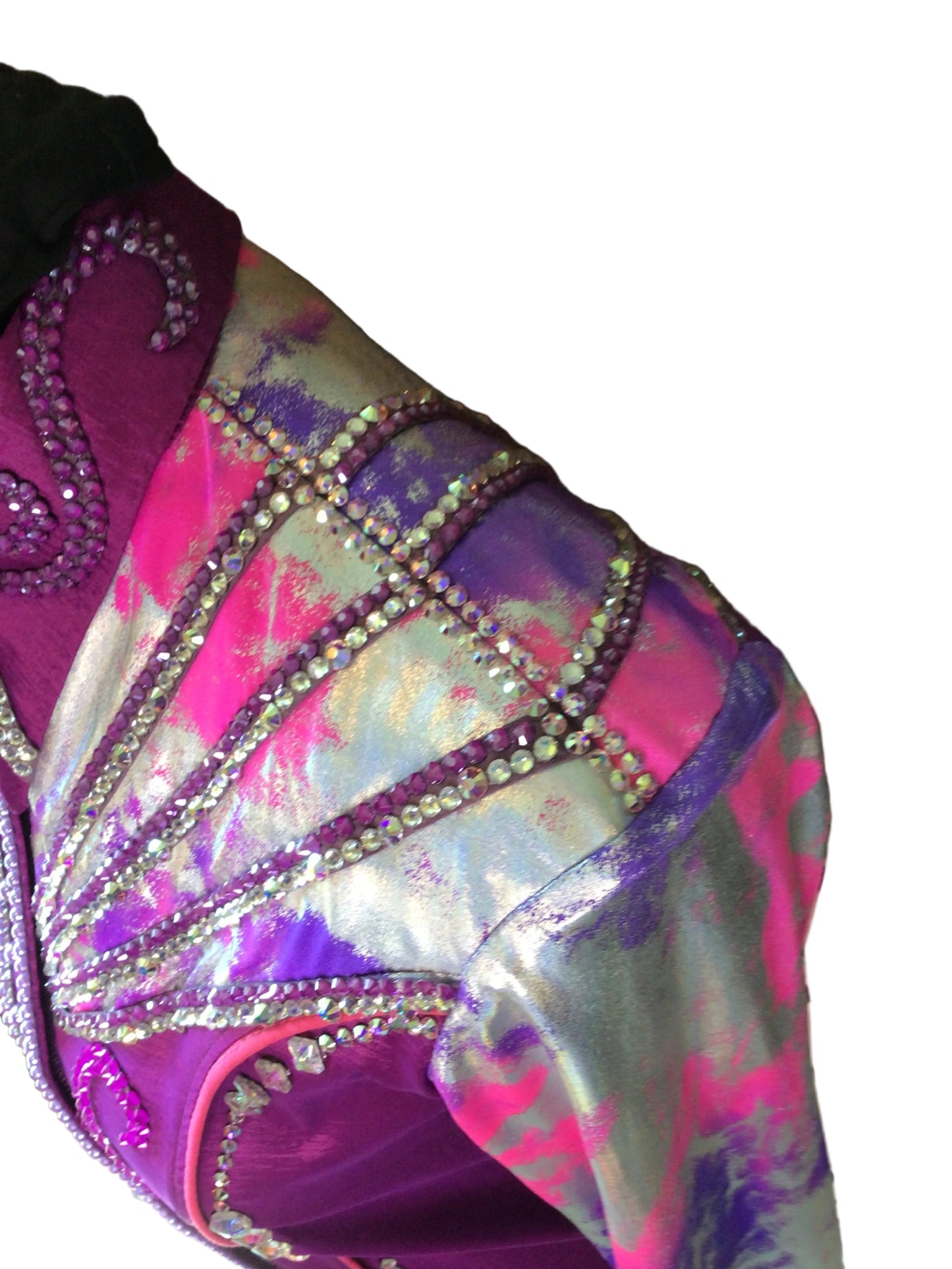 Small Dark Rose Stretch Taffeta with Pink and Purple Printed Design and Sleeves