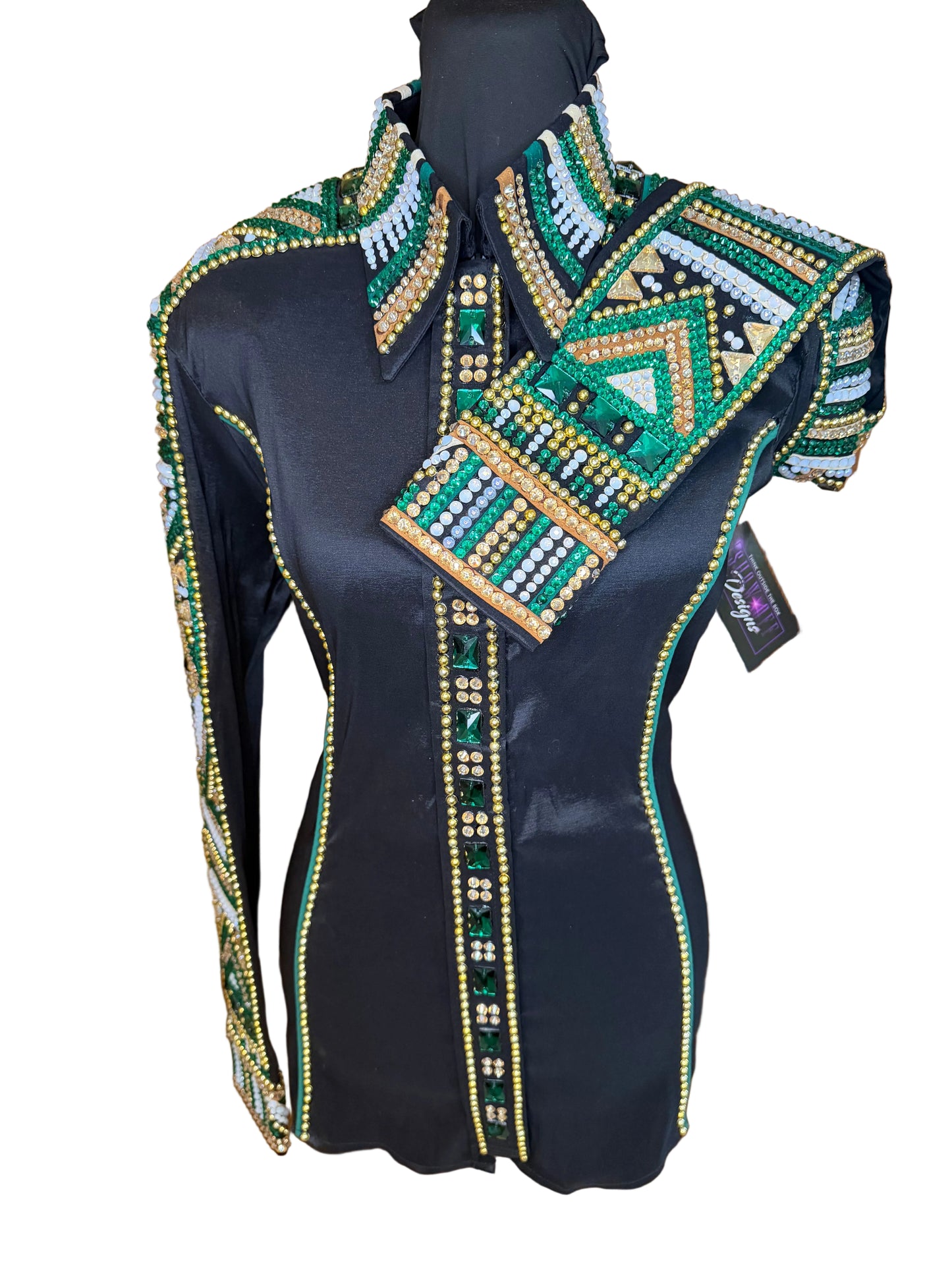 Large Black Stretch Taffeta Day Shirt with Emerald Green and Gold