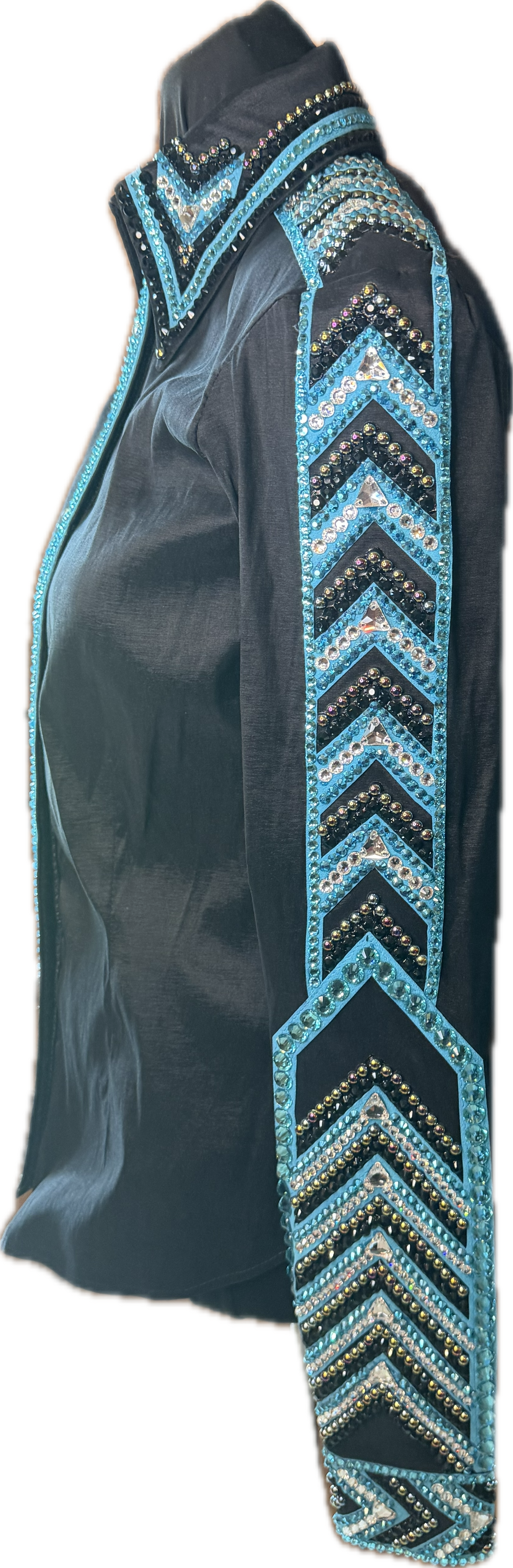 Size Small Black Stretch Taffeta With Aqua Blue and Clear Crystals