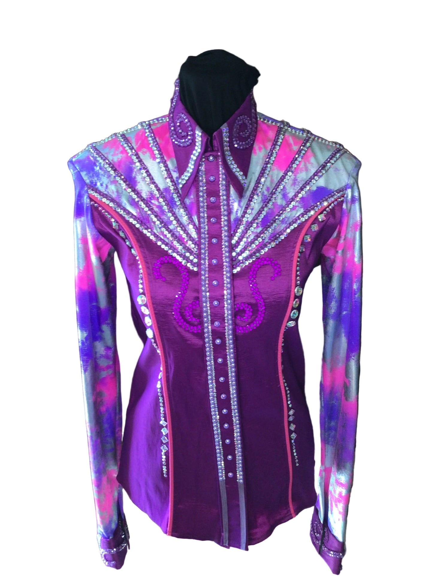 Small Dark Rose Stretch Taffeta with Pink and Purple Printed Design and Sleeves