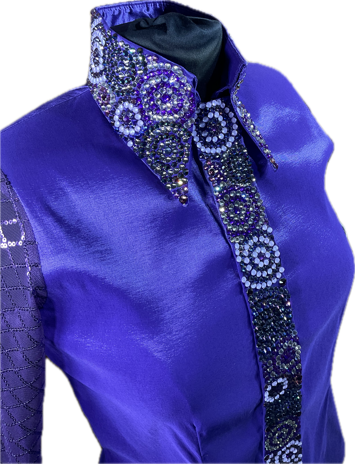 Small purple Stretch Taffeta with freehanded crystal designs and sheer sleeves