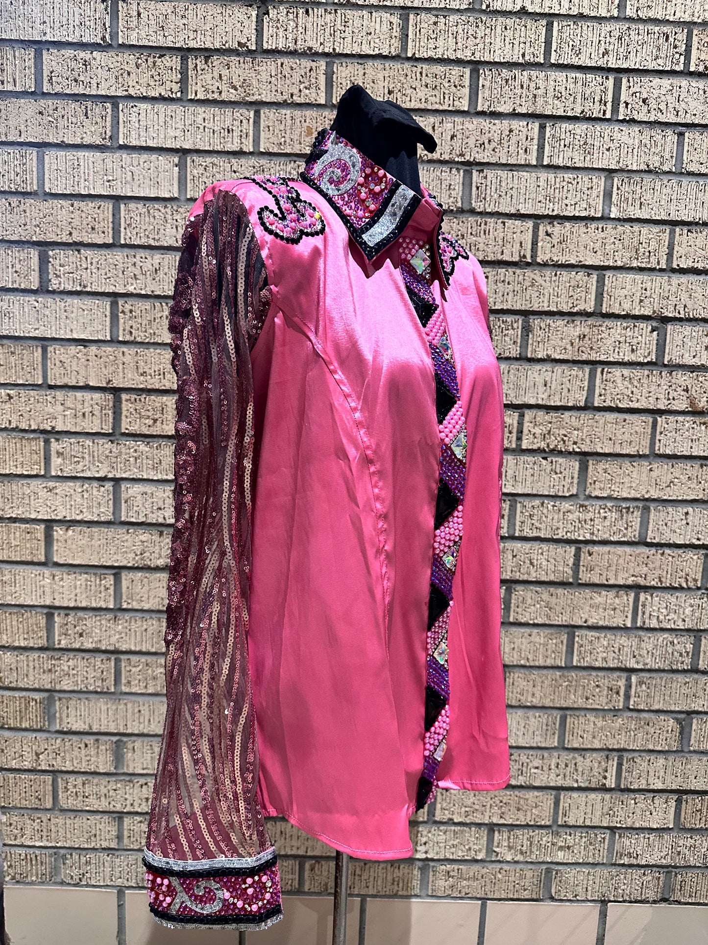 Large Pink Day Shirt stretch taffeta with black and silver design. Sequin and Lace Sleeves