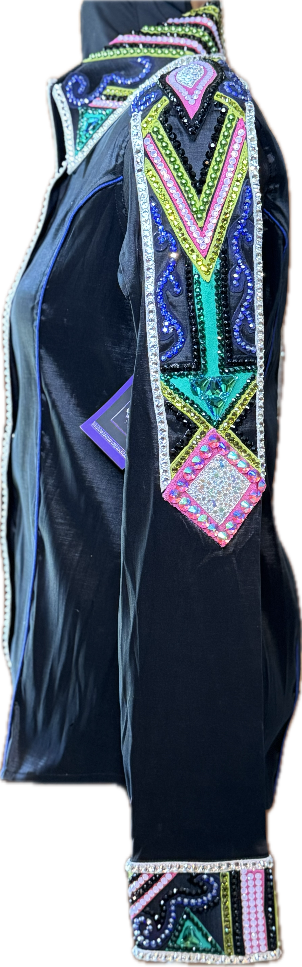 Large Black Stretch Taffeta with Purple, Green, Pink and Silver Accents