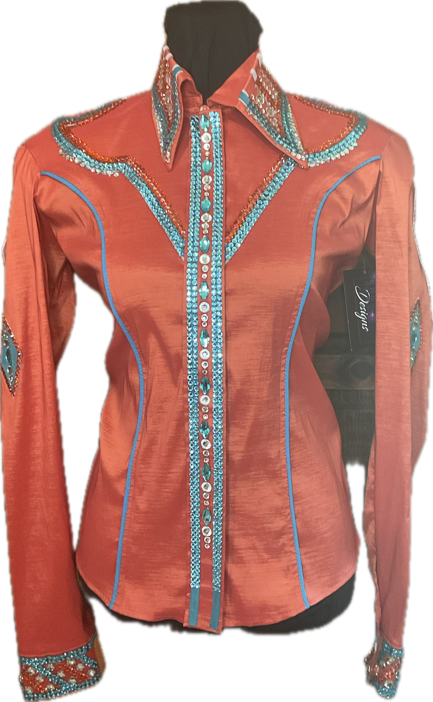 Size Medium Orange Stretch Taffeta Day Shirt with Aqua and Silver Details