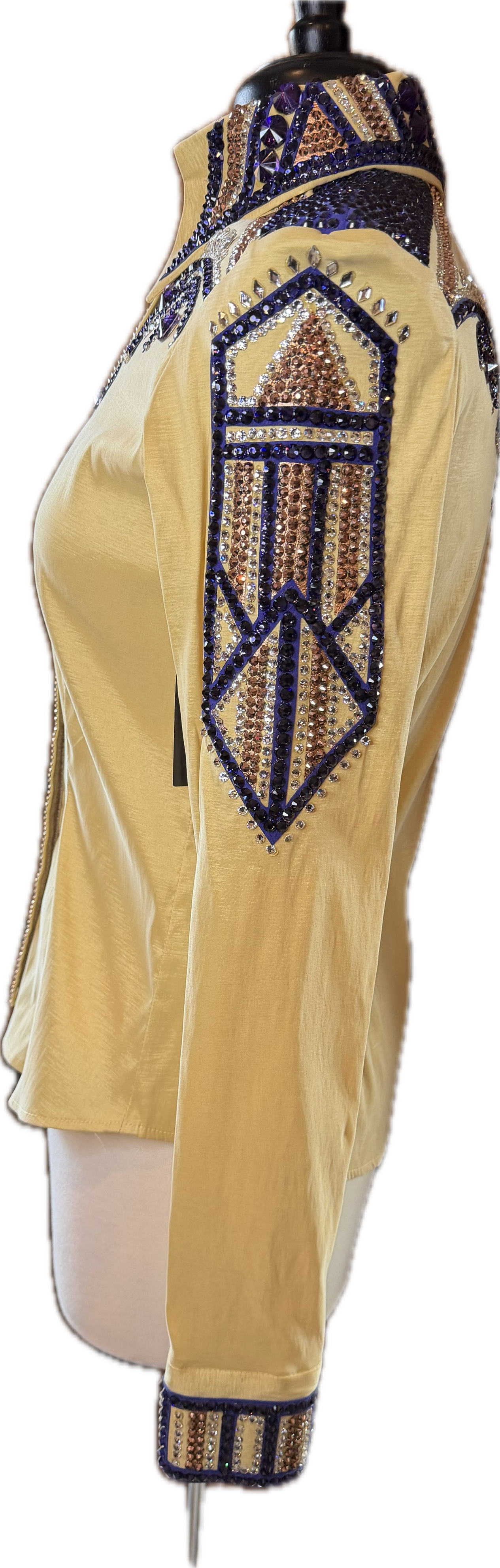 Size medium day shirt gold stretch taffeta with purple retro design